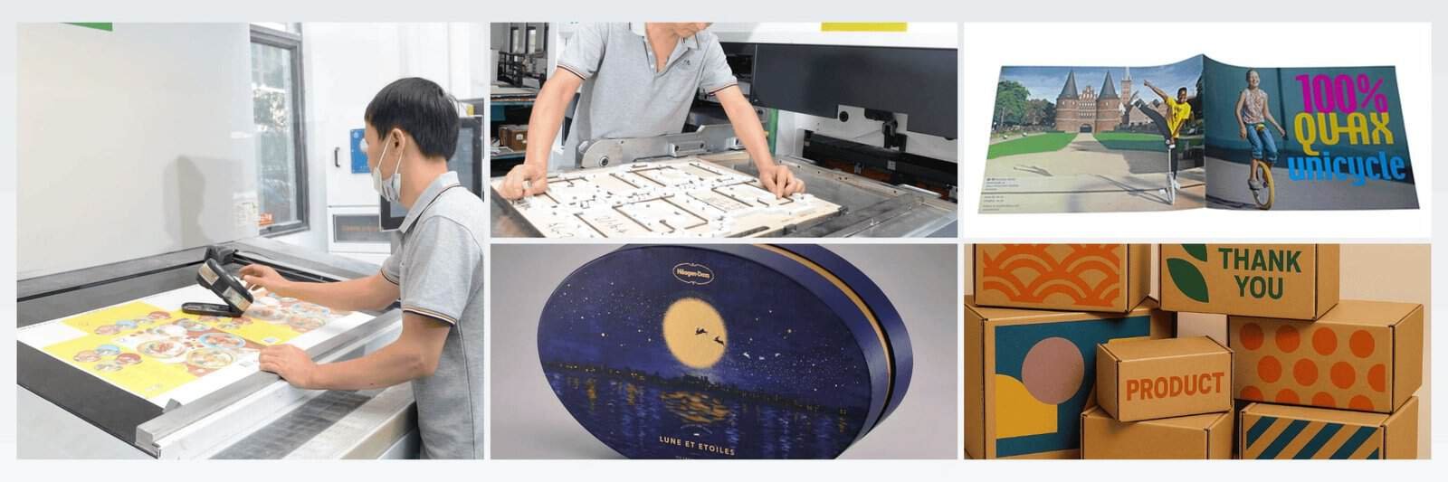 Collage of Klong Packaging case studies showing factory production, paper inserts, e-commerce packaging, and printed manuals representing real success stories