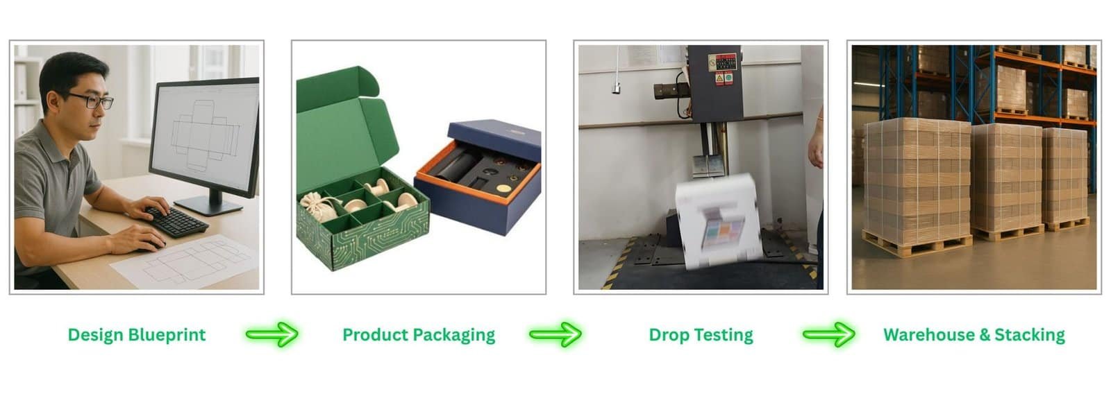 End-to-end packaging process by Klong Packaging including design blueprint, structural sampling, drop testing, and warehouse stacking for verified delivery safety