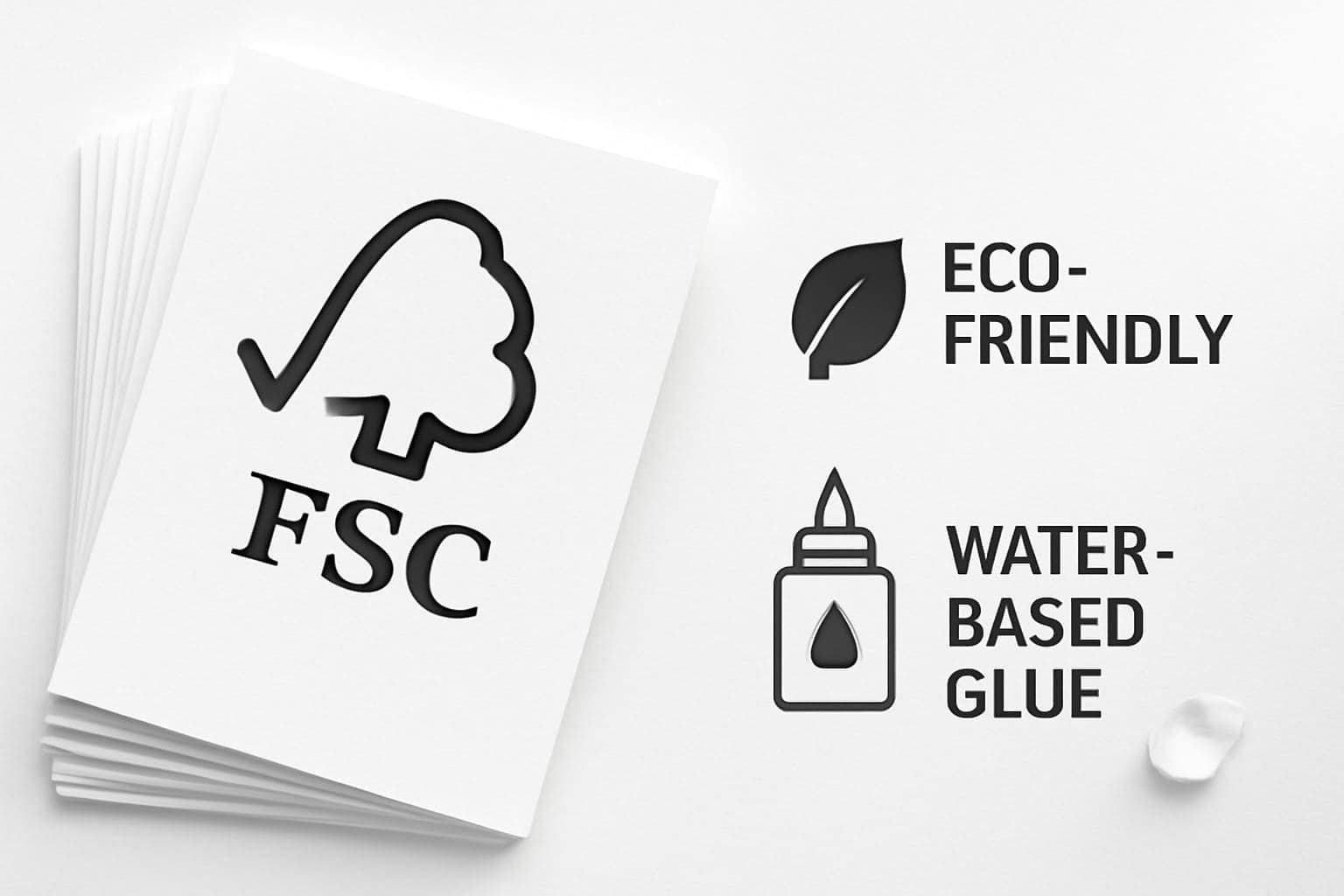 Eco-friendly materials used by Klong Packaging including FSC-certified paperboard, eco-friendly inks, and water-based adhesives for sustainable packaging.