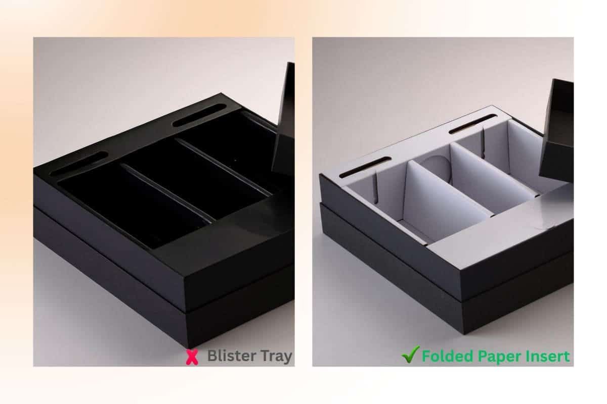 Comparison of plastic foam inserts vs paper-based inserts, showcasing eco-friendly alternatives that reduce environmental impact without compromising protection.