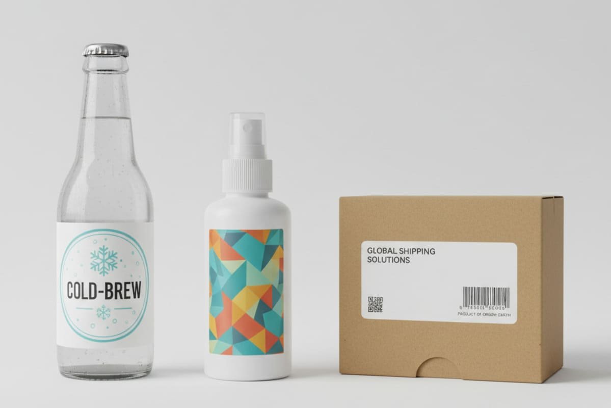 Adhesive technology image showing labels applied on glass, plastic, and paper surfaces, demonstrating permanent and cold-temperature adhesive performance.