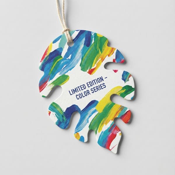 Custom die-cut hang tag demonstrating unique shapes for brand identity.