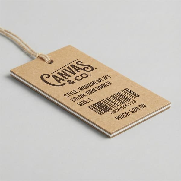 Duplex laminated thick hang tag showing premium stiffness and layered structure.