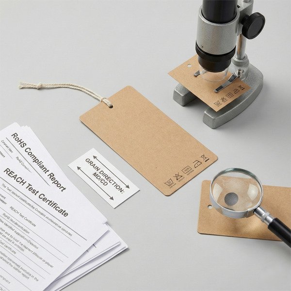 Hang tag environmental compliance and paper fiber direction testing setup.