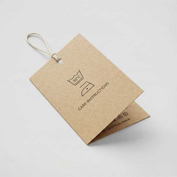 Folded hang tag with two panels for additional printing space or care instructions.