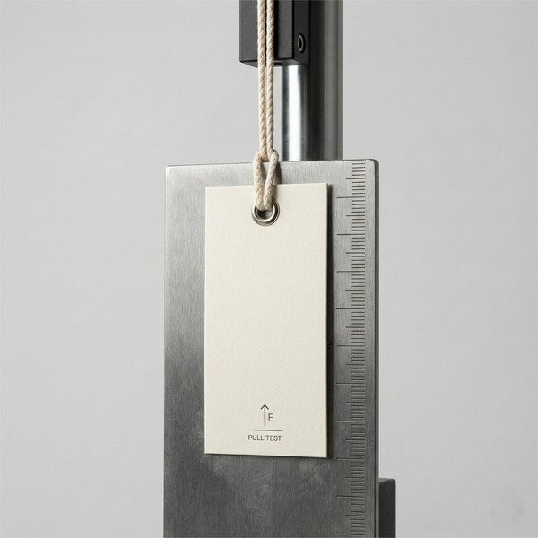 Hang tag durability test showing reinforced hole and string pull strength.