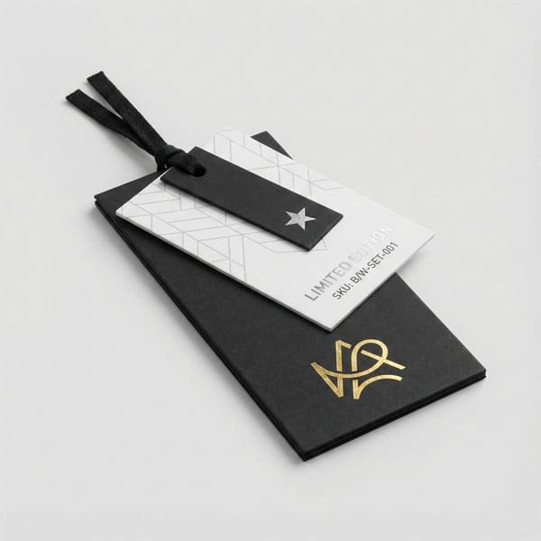 Hang tag set consisting of a master tag paired with a smaller sub tag.