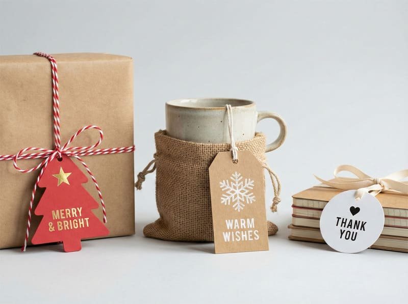 Hang tags used in general retail and gift products, including seasonal and promotional labels.