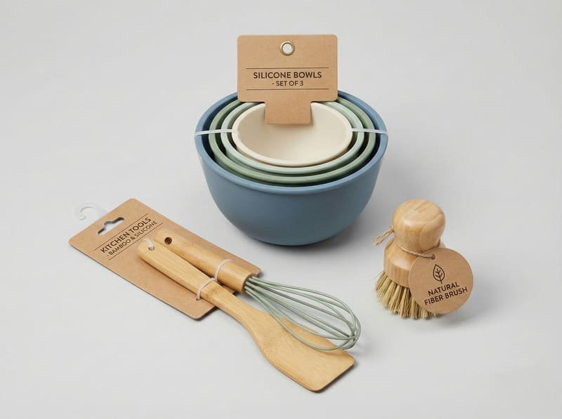 Header cards and hang tags used for home goods and kitchenware products.