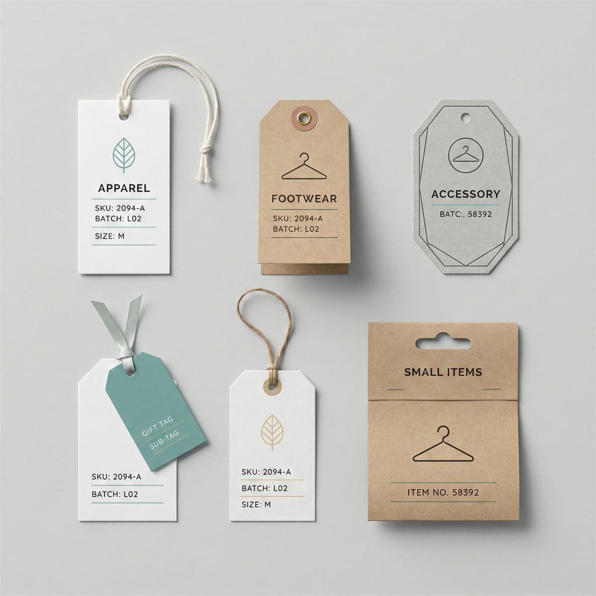 Overview image of custom hang tags and header cards for apparel, footwear, accessories, home goods and retail packaging.