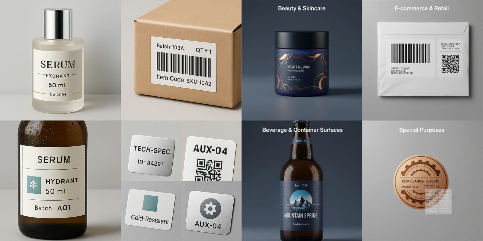 Applications of custom stickers and labels for beauty products, e-commerce packaging, beverage bottles in cold environments, and special-purpose labels such as metallic and technical tags.