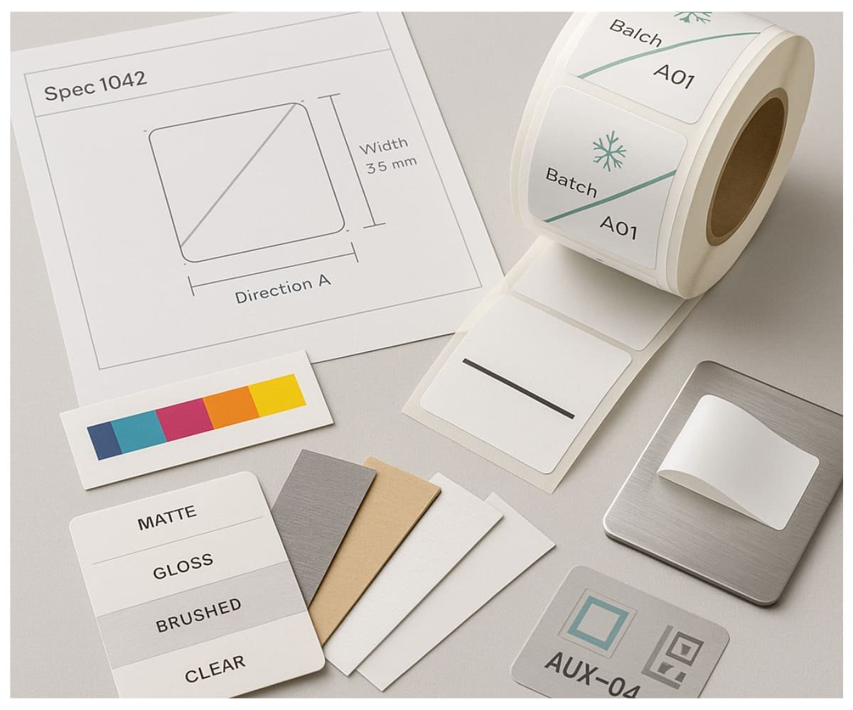 Engineering review desk showing label specification sheets, material swatches, roll-label samples and adhesion test strips for technical evaluation.