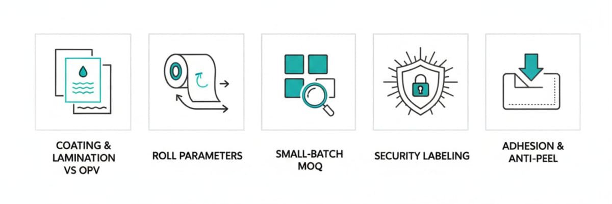 FAQ icons representing coating options, roll-label parameters, small-batch MOQ, security labels, and adhesion performance.