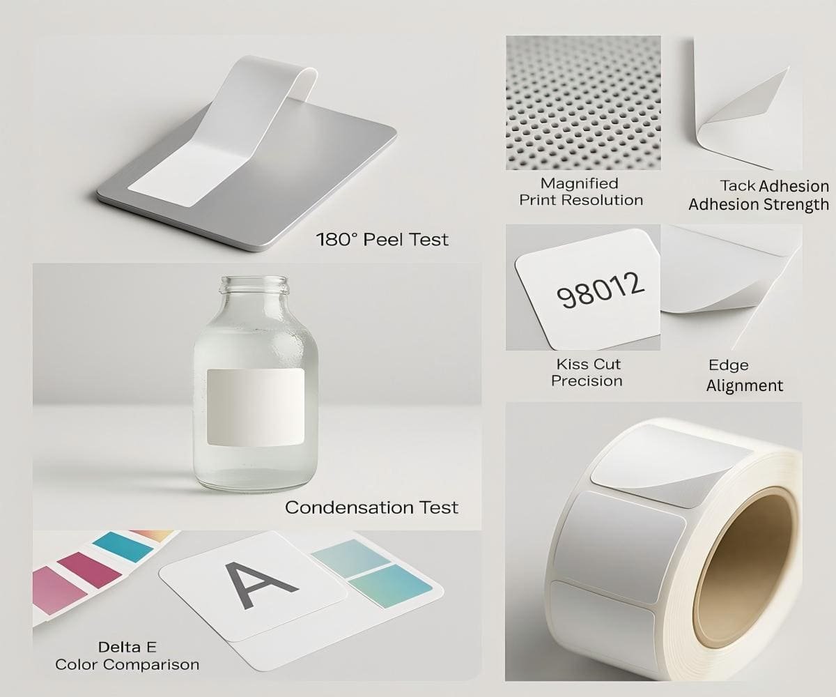 QC tests for labels showing peel strength, condensation durability, color accuracy and kiss-cut precision.