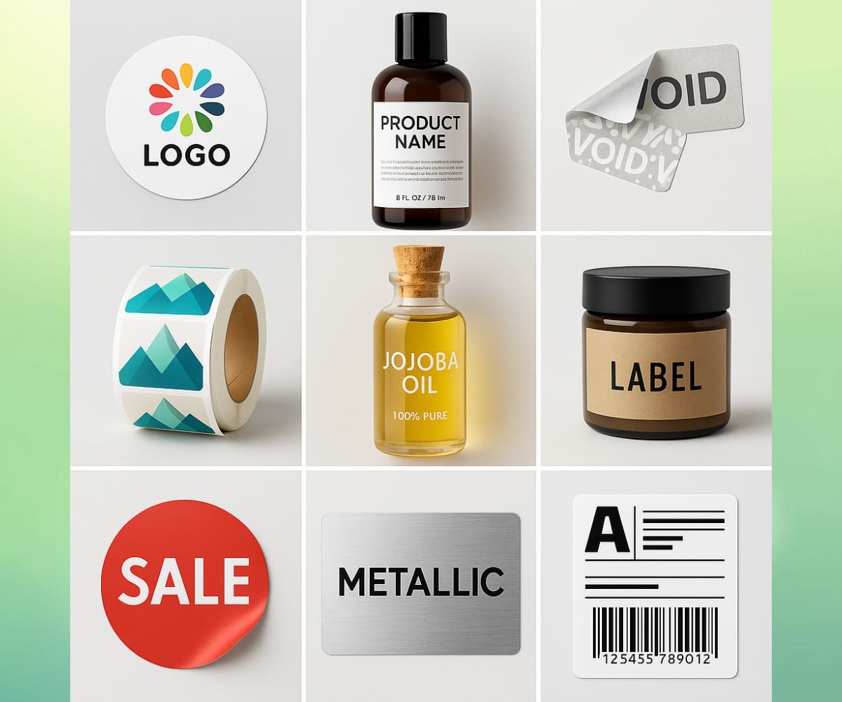 Overview grid of custom stickers, product labels, roll labels, barcode labels and tamper-evident seals for packaging applications.