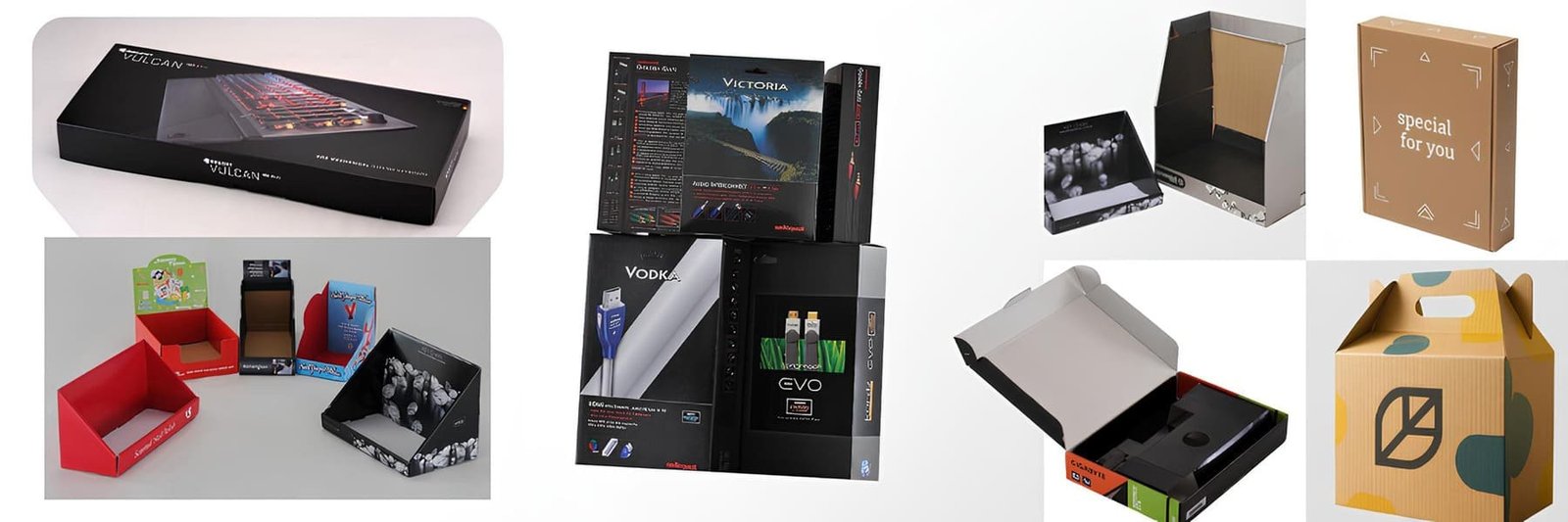 Collage showing applications of corrugated boxes across industries including e-commerce logistics, retail displays, gift packaging, and industrial shipping.