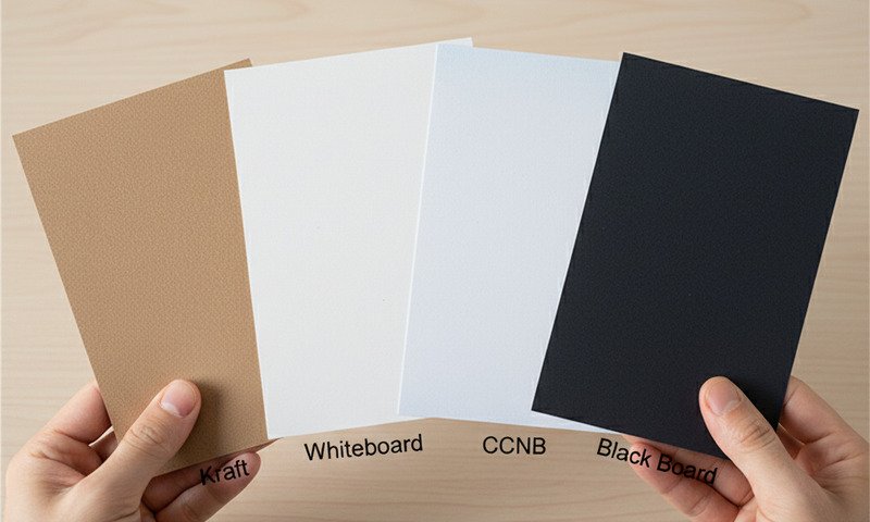 Different face paper options for corrugated boxes, including Kraft, Whiteboard, CCNB, and Black Board, showcasing their unique surface qualities and ideal uses.