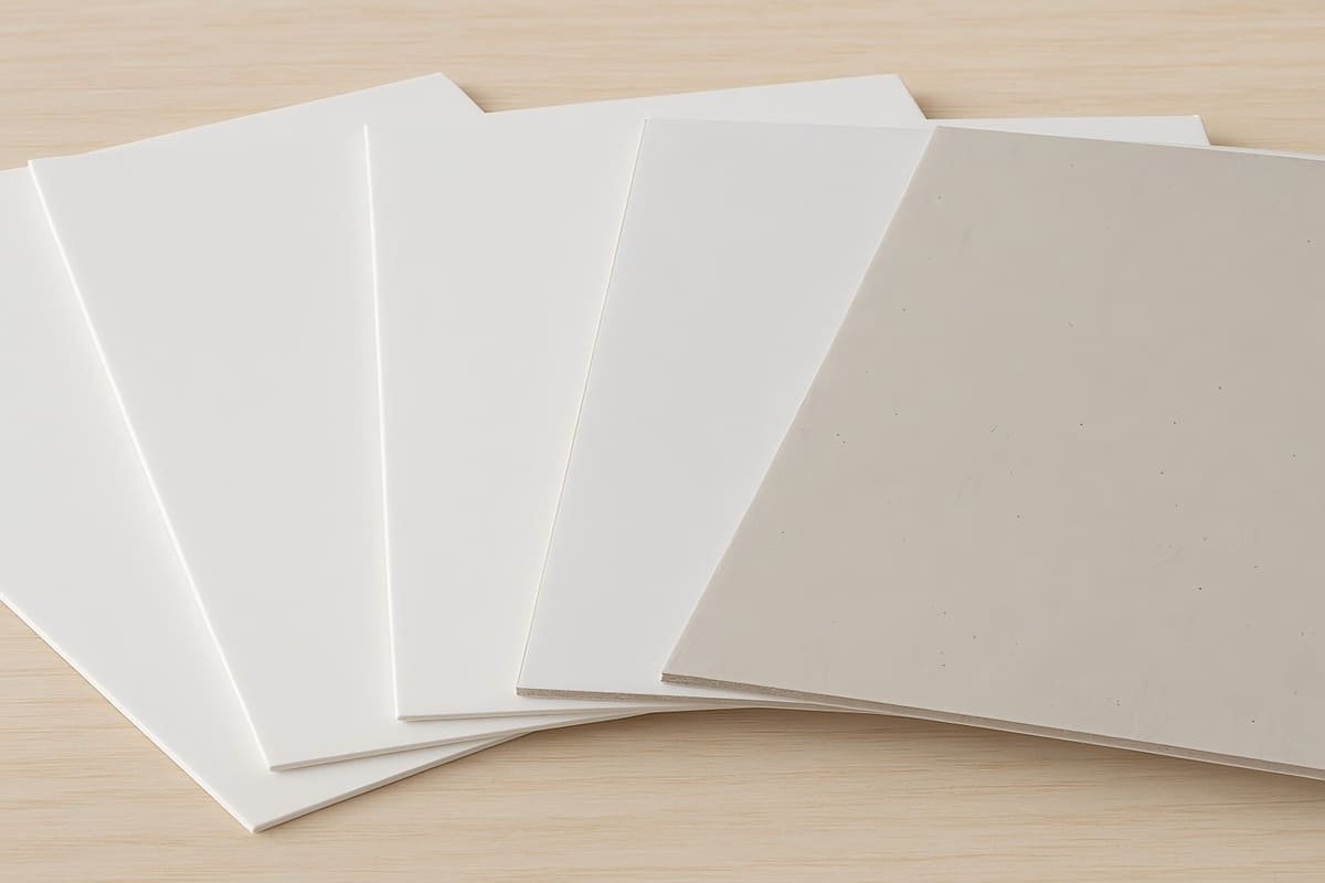 Paperboard material samples for folding cartons, including SBS, C1S, CCWB, and CCNB in 250–400 gsm.
