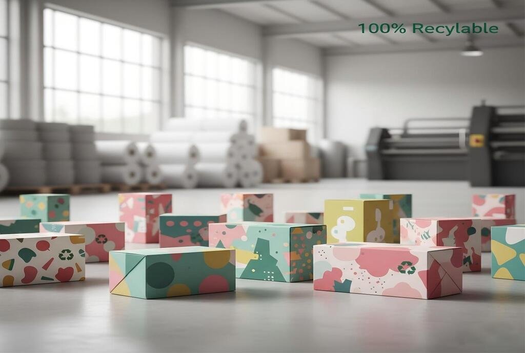 100% recyclable folding carton packaging, emphasizing sustainability and waste reduction.