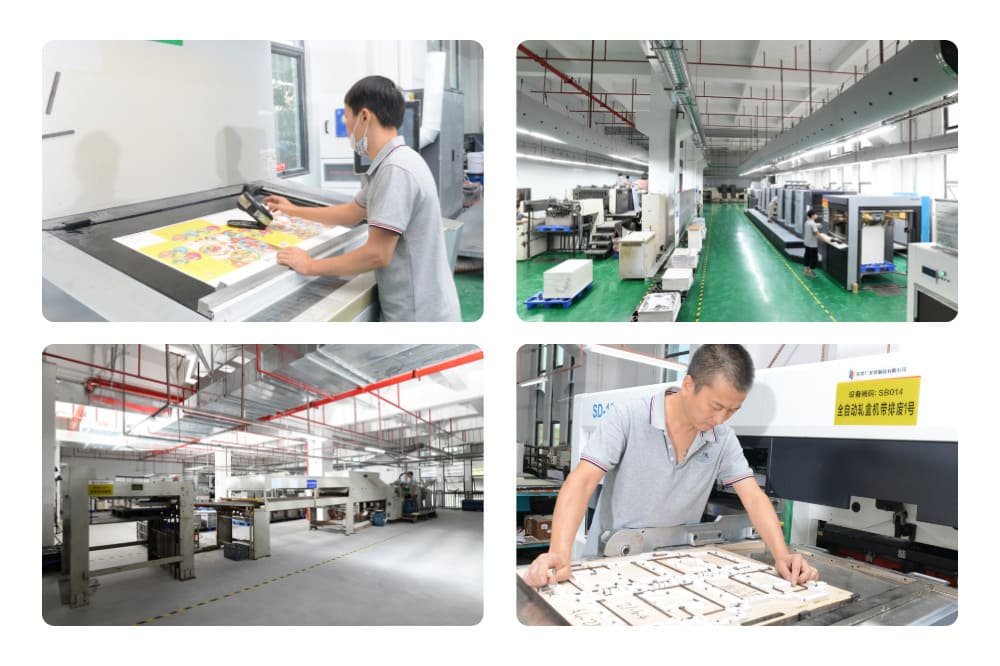 Mass production of corrugated boxes in factory, highlighting automated machinery and large-scale packaging output.