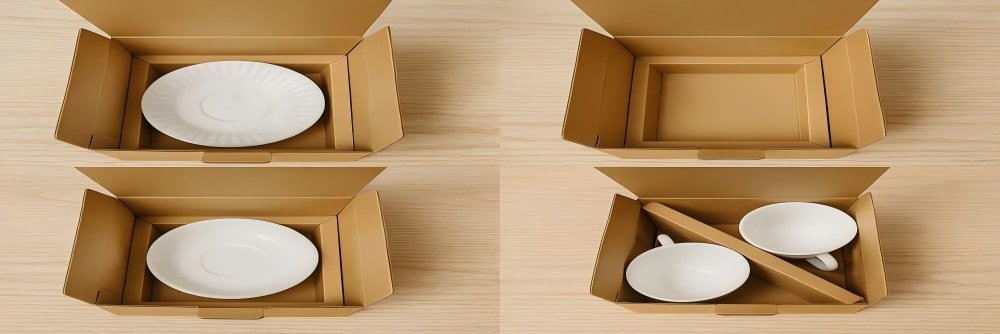 Die-cutting design for Paper Inserts with flexible structures including dividers, corner protectors, and self-locking tabs.