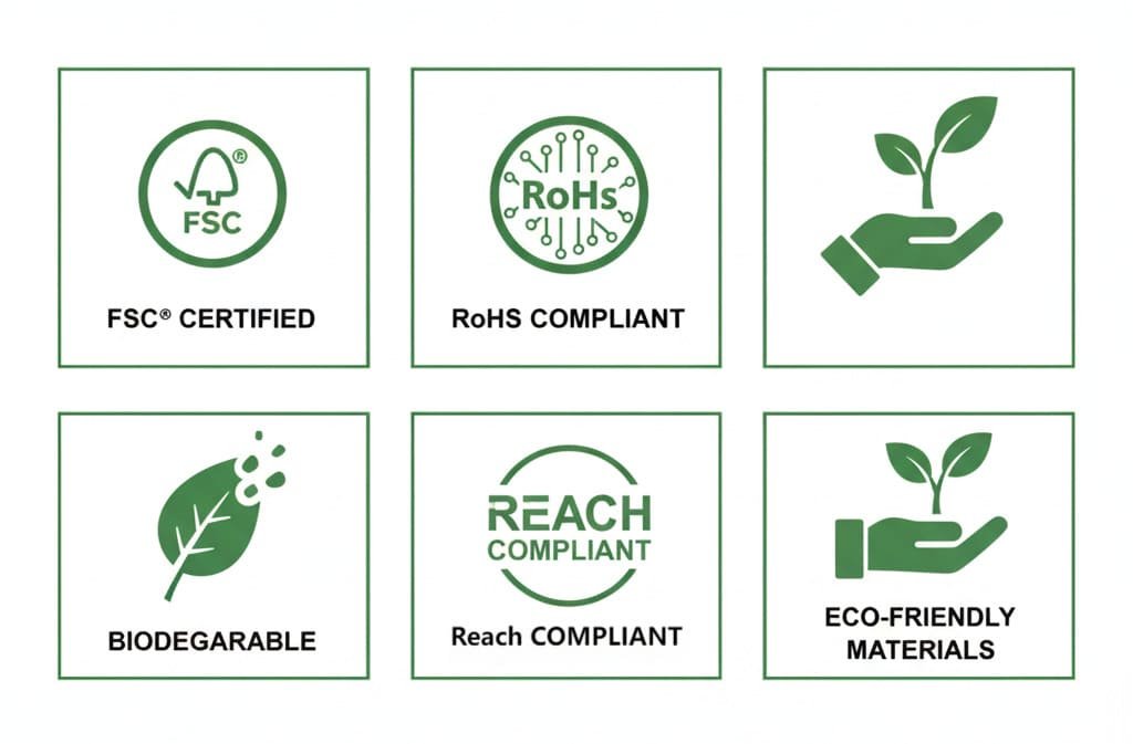 Icons representing FSC certification, RoHS/REACH compliance, biodegradable materials, and eco-friendly packaging.