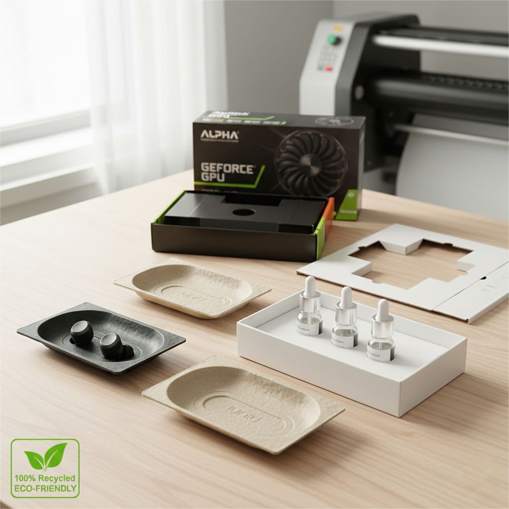 Image showcasing real-world applications of Pulp Trays and Paper Inserts in product packaging for electronics, cosmetics, and retail.