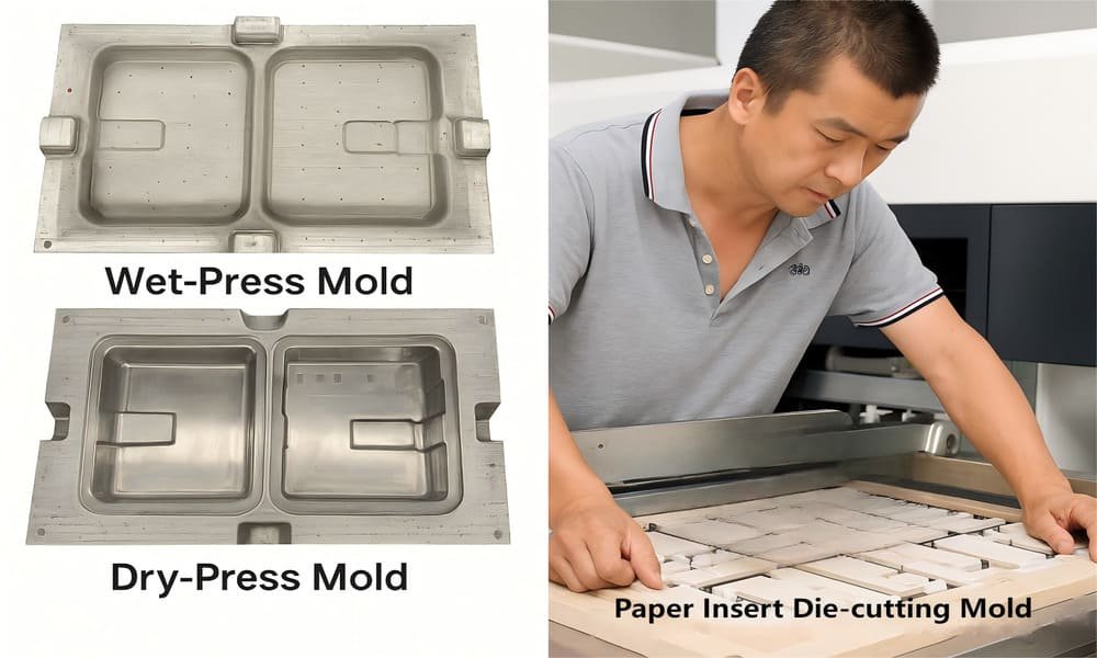 Comparison of pulp tray molds (wet-press and dry-press) and paper insert die-cutting mold.