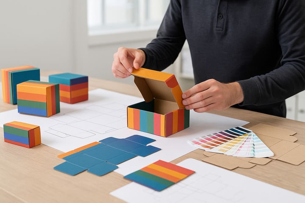 Designer reviewing corrugated box samples on a worktable, showcasing quick sample making and color proofing process.