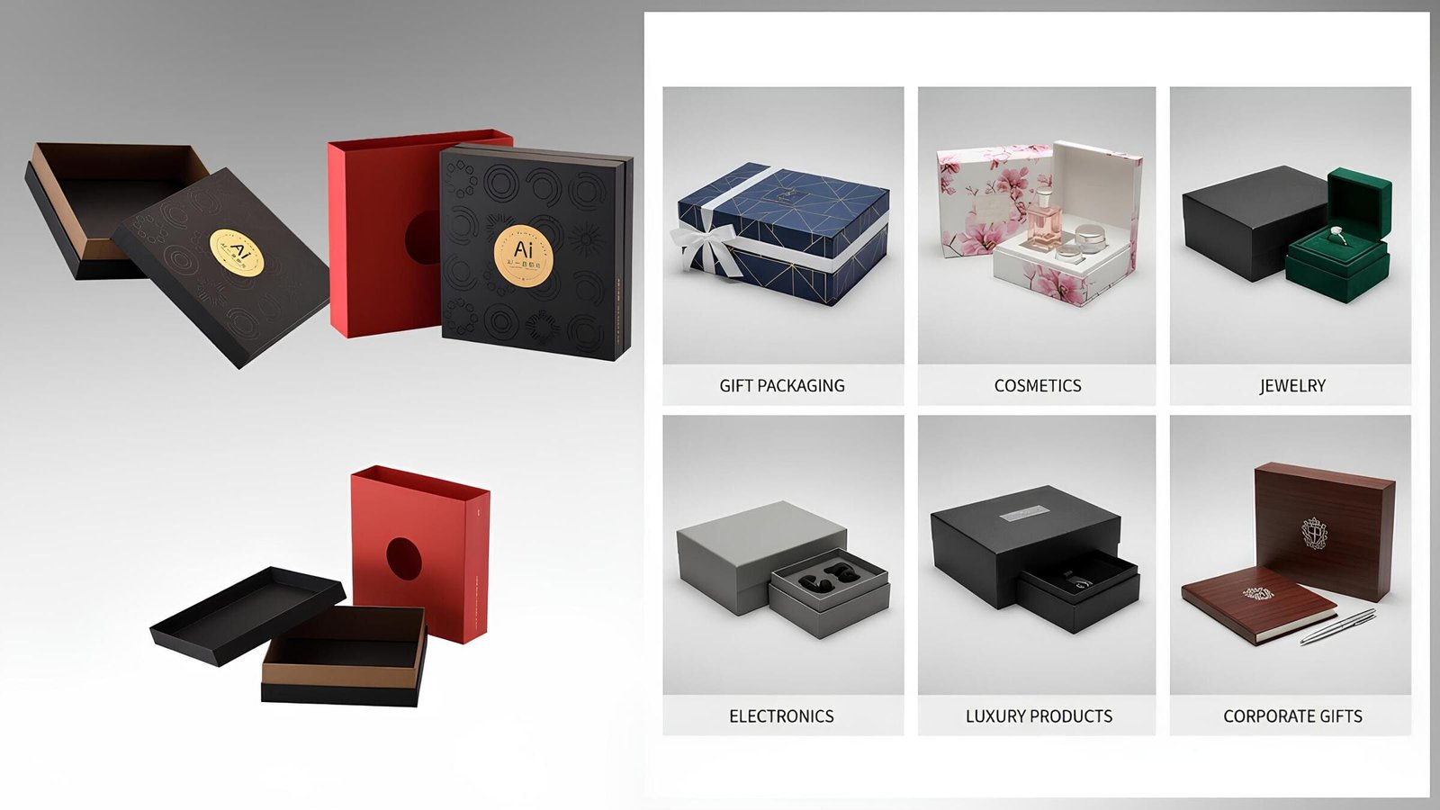 Collage of rigid boxes for various applications – gift packaging, cosmetics, jewelry, electronics, luxury products, and corporate gifts.