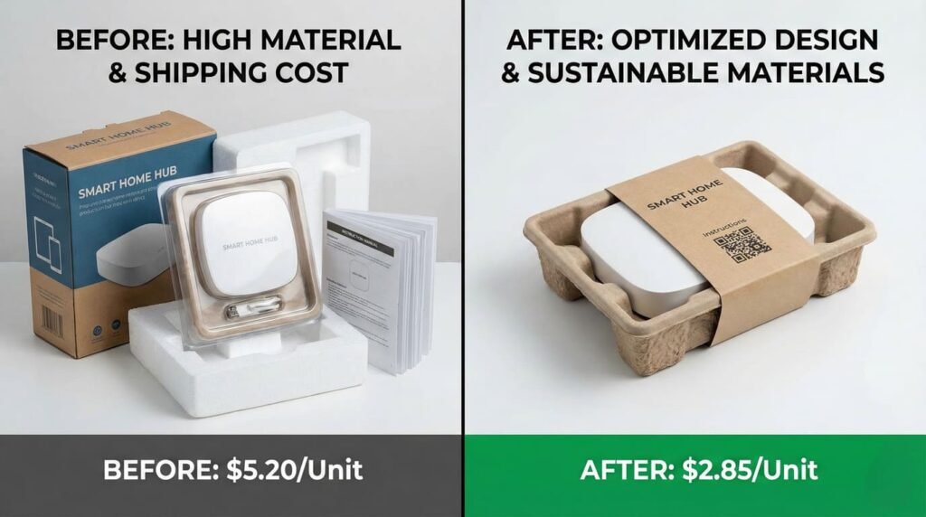 Before-and-after comparison of packaging designs, showcasing cost-reduction and packaging optimization.