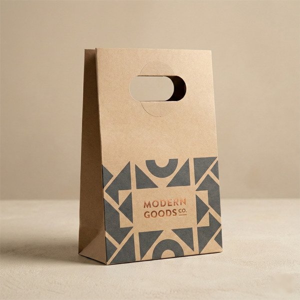 Die-cut handle paper bag with reinforced handle patch area, rigid paperboard structure, and custom printed design, presented in high-end studio lighting.