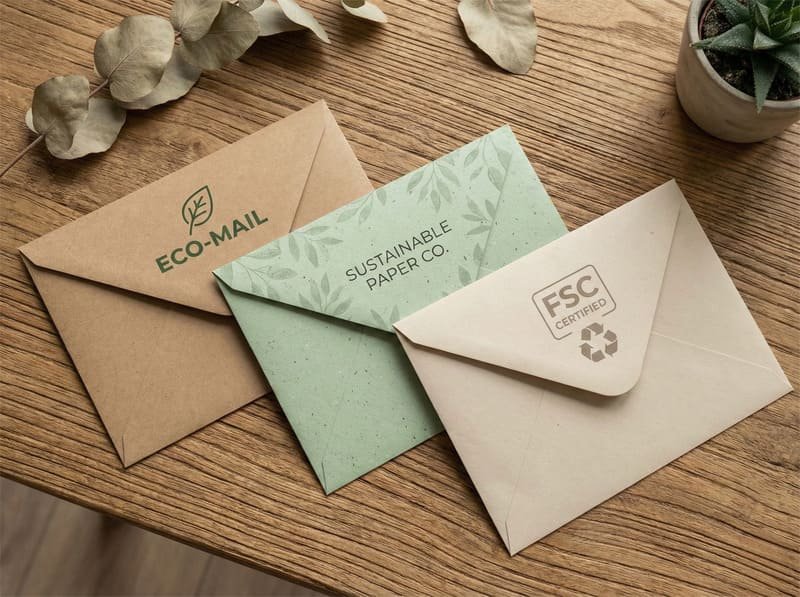 Eco-friendly custom envelopes made from FSC-certified and recycled materials, perfect for sustainable branding.