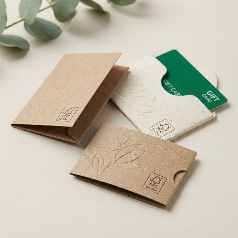 Eco-friendly gift card holders made from recycled or FSC-certified paper, showcasing clean, modern design.