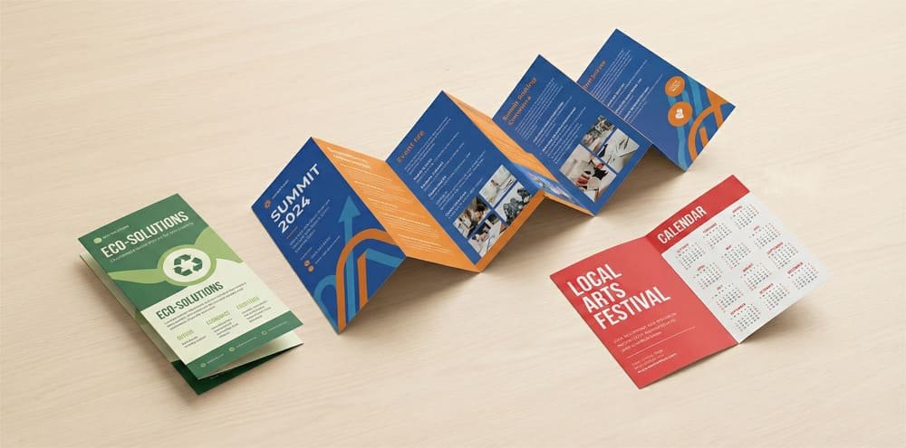 A set of folded brochures showcasing different folding styles like accordion fold, single parallel fold, and bi-fold with vibrant designs and marketing materials.