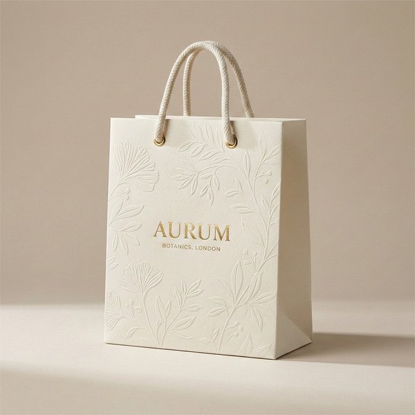 Premium gift paper bag made from thick card stock with luxury handles and custom finishes such as foil stamping or embossing, photographed on a clean studio background.