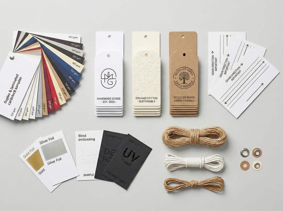 Engineering review image showing hang tag materials, thickness samples, finishes, and string options on a clean tabletop.