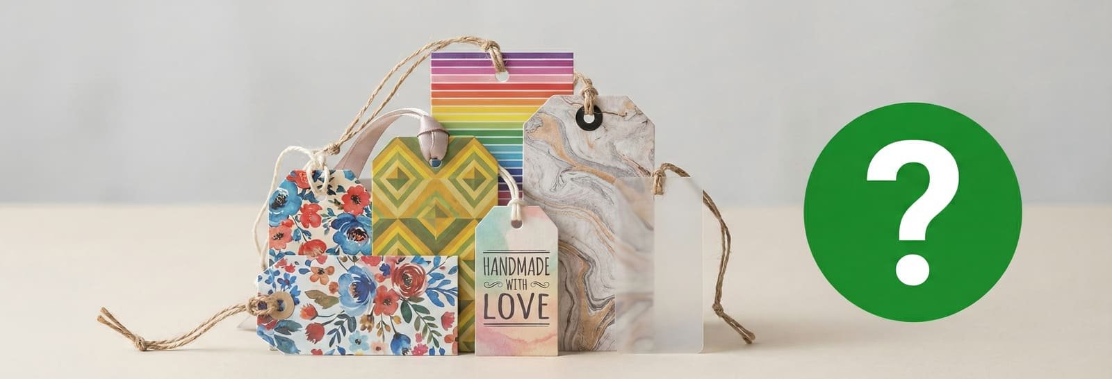 FAQ banner showing assorted hang tags with a help icon on a clean background.