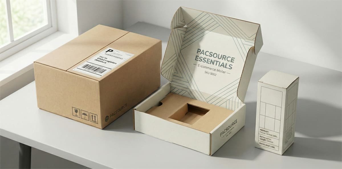 Custom e-commerce packaging with a kraft shipping box, printed mailer box, and precision-fit paperboard inserts, produced by Klong Packaging.