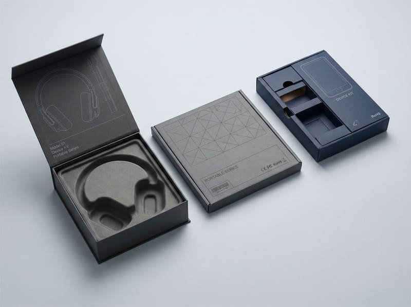 Electronics packaging solutions featuring rigid boxes with line-art printing, paper-based inserts, and precision-engineered corrugated structures for consumer electronics.