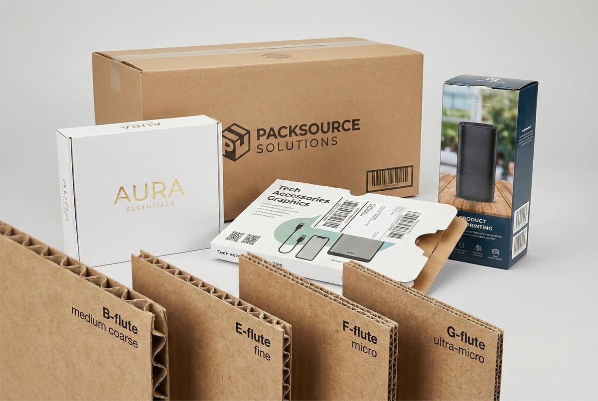 Custom corrugated packaging with B, E, F, and G flute options, including printed e-commerce boxes and retail cartons.