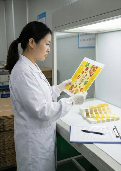 Quality inspector reviewing printed packaging under a controlled light booth to ensure accurate color matching and consistency.