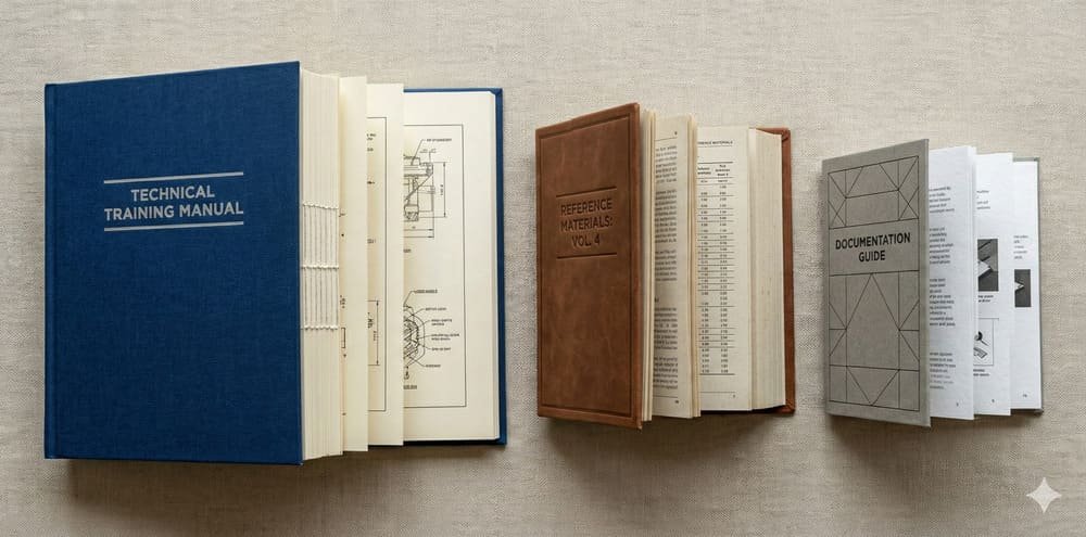 A set of 2-3 lock-stitch bound books with different designs, sizes, and textured paper covers, showcasing durability and flexibility for long-term use.