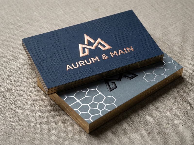 Luxury business cards with embossed logos and unique designs, showcasing premium materials and finishes.