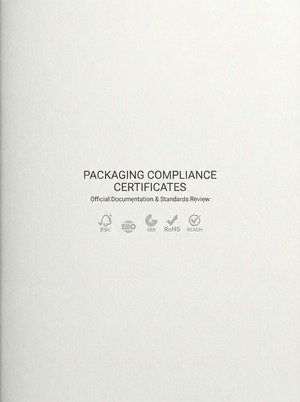 Packaging compliance certificates including FSC, ISO, GMI, RoHS and REACH documentation.