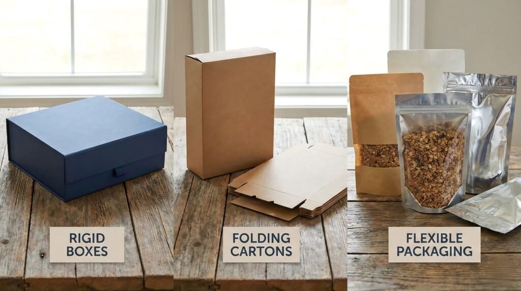 Comparison of packaging designs including rigid boxes, folding cartons, and flexible packaging.