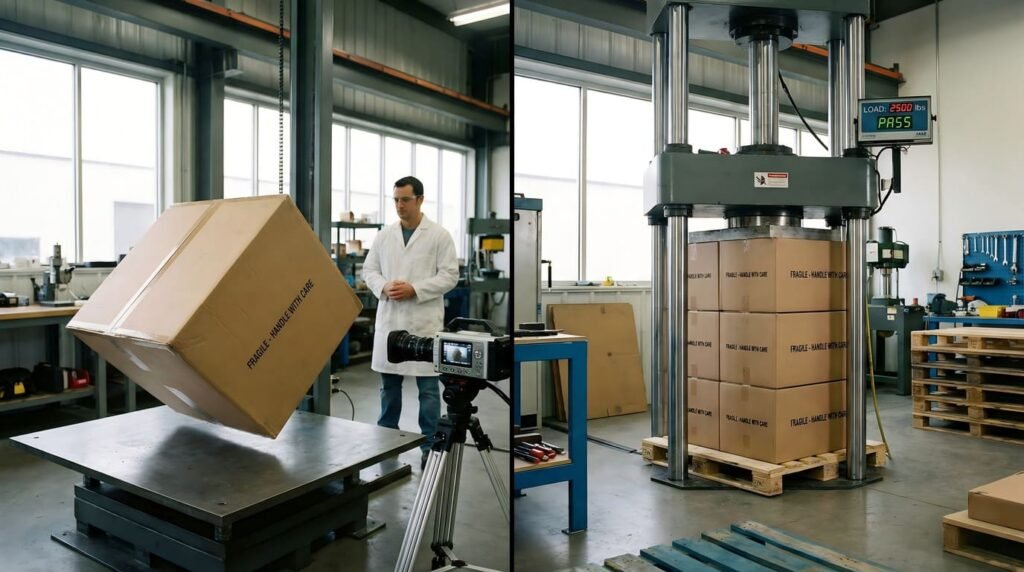 Packaging being tested under various quality control tests including drop test and stacking test.