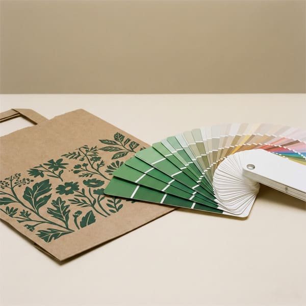 Printed paper bag sample placed beside a color swatch deck for Pantone and CMYK color matching.