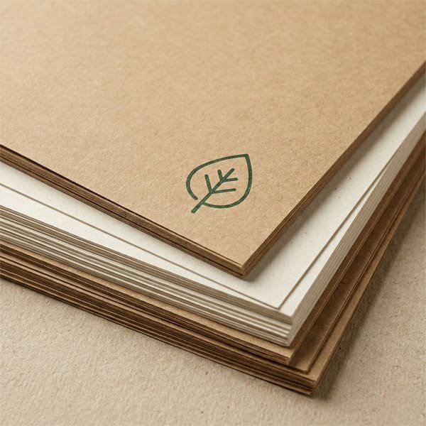 Kraft and white paper sheets with a simple green eco icon representing FSC-certified paper options.