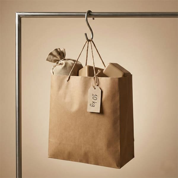 Kraft paper shopping bag hanging from a metal test frame with weight bags inside for load-bearing strength testing.